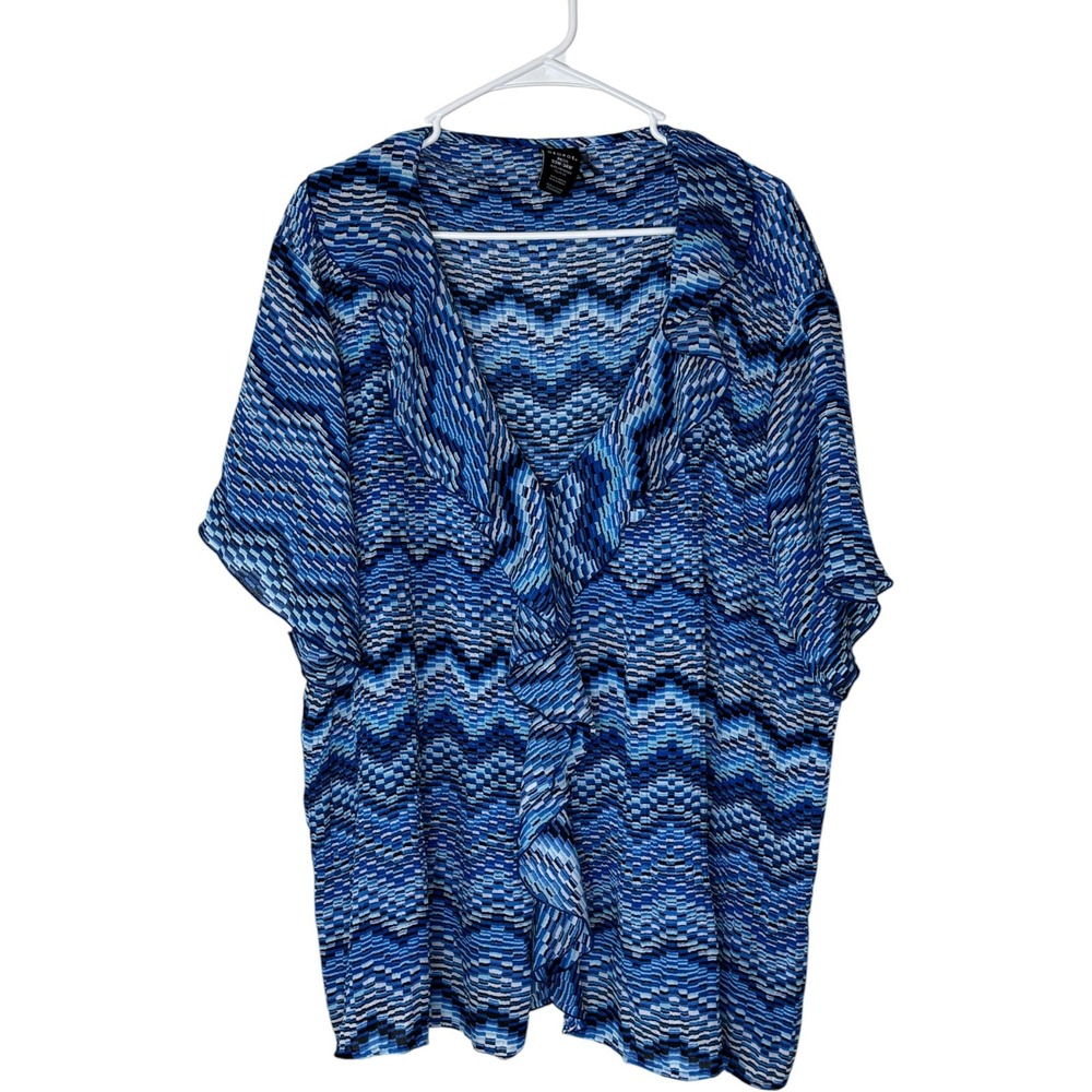GEORGE Women's Blue Chevron Ruffle Blouse Plus 3X Lightweight Sheer Layering‎